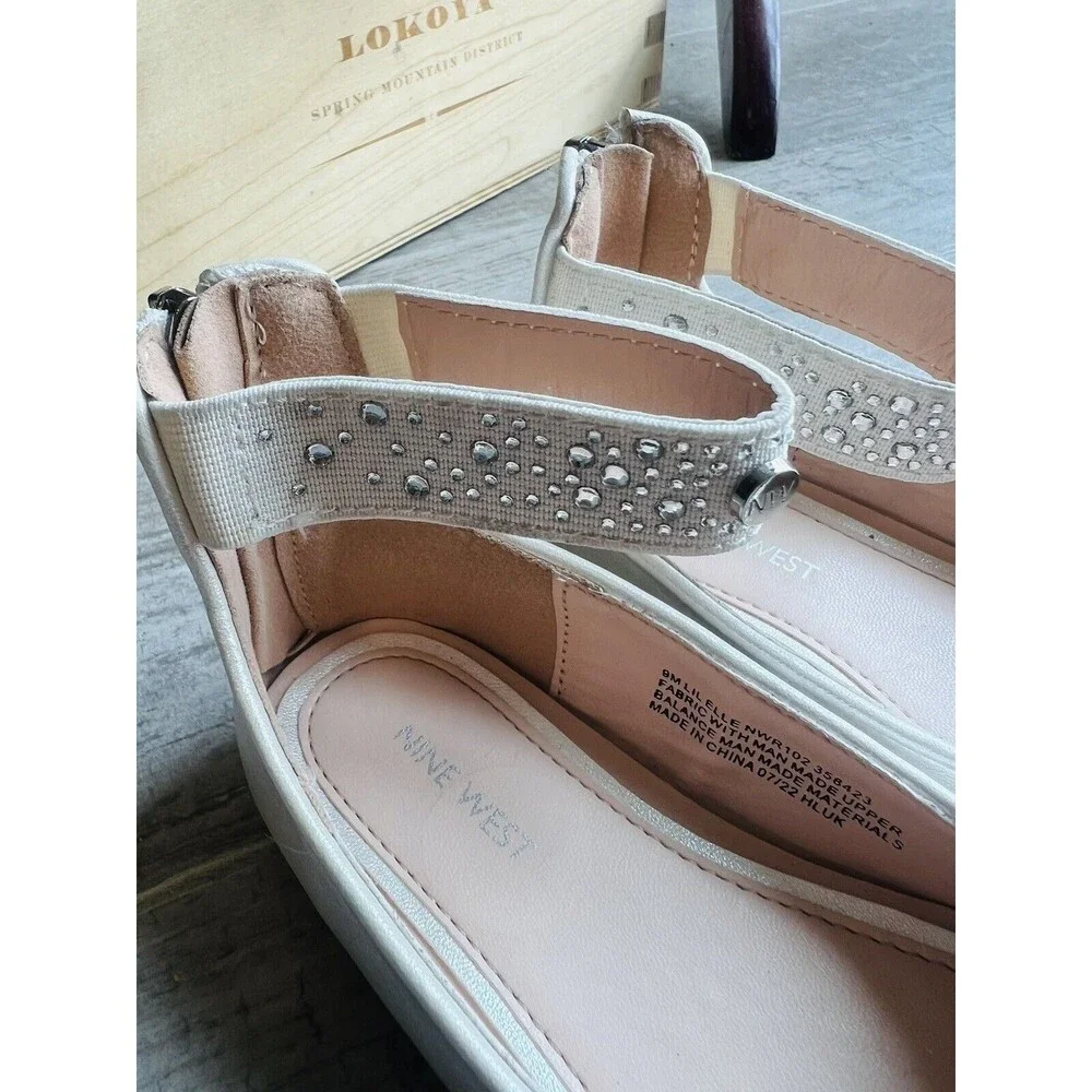 NINE WEST Toddler Girls LIL ELLE Ballet Flat White Metallic Peal Rhinestone 9